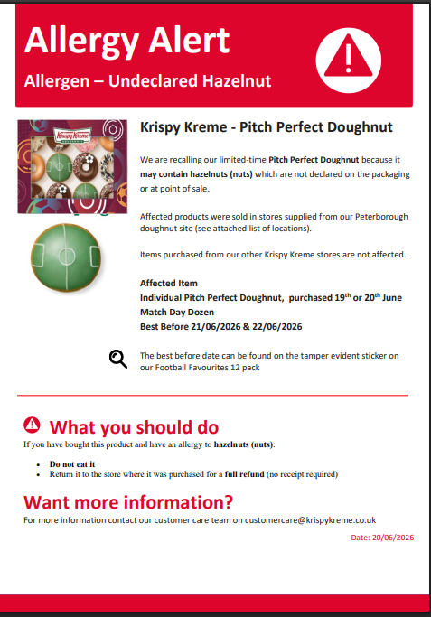 英国官方召回源每日巡检：Krispy Kreme recalls Individual Pitch Perfect Doughnut & Match Day Dozen because of undeclared hazelnuts (nuts)