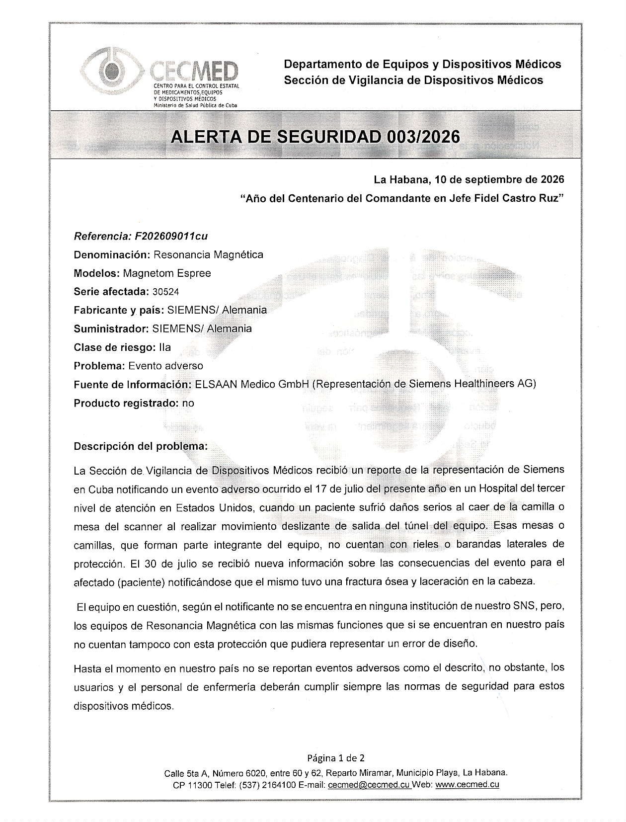古巴官方召回源每日巡检：10/09/2026 Alerta de Seguridad 003/2026. Resonancia Magnética