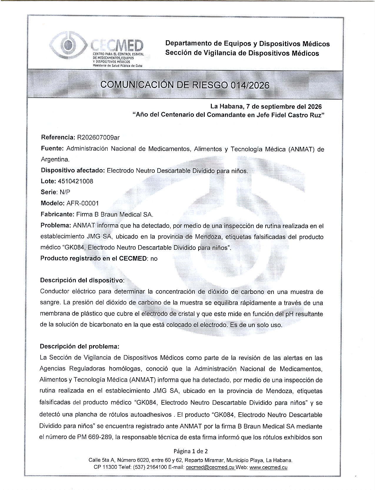 古巴官方召回源每日巡检：10/09/2026 Comunicación de Riesgo 014/2026. Electrodo Neutro Descartable Dividido para niños