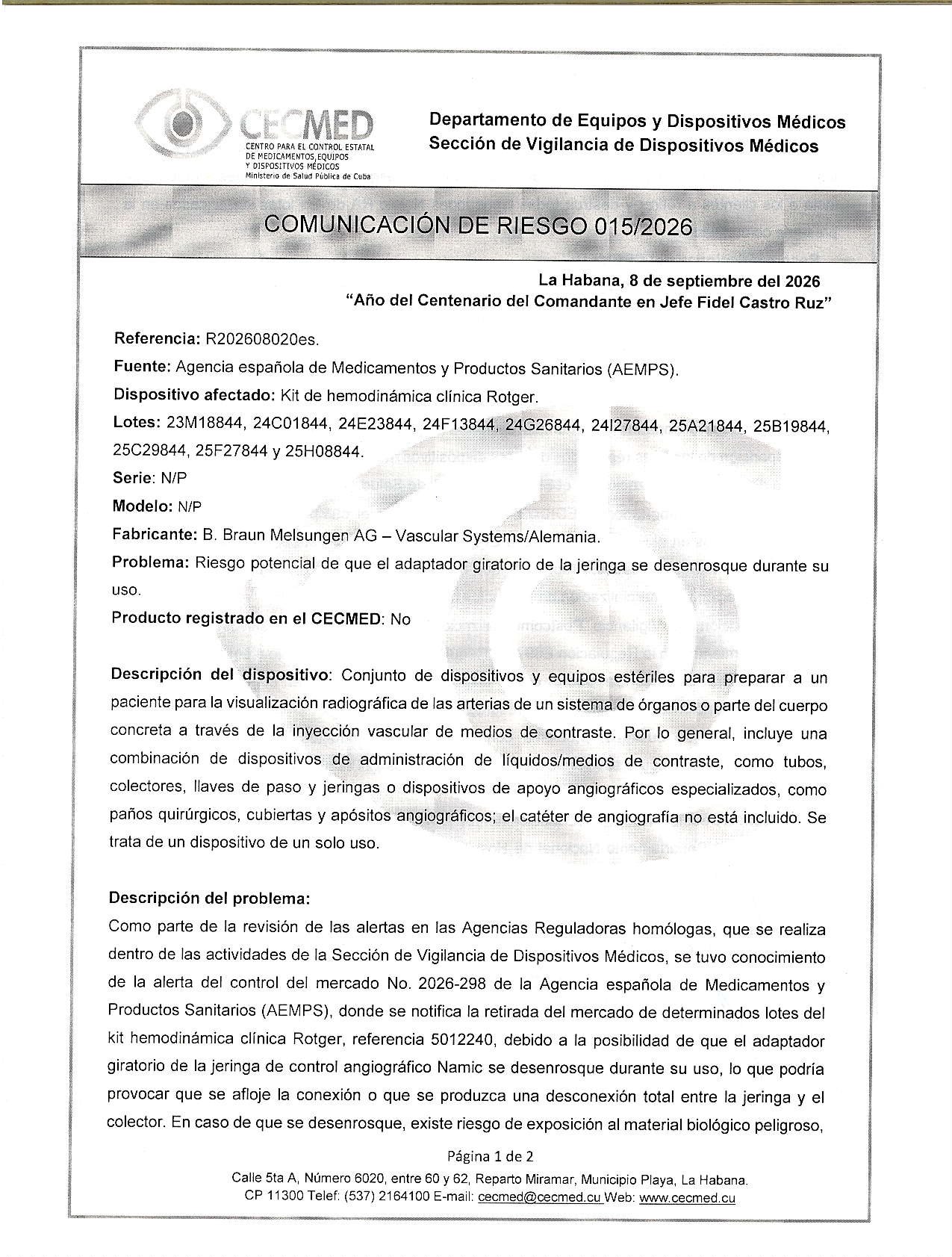 古巴官方召回源每日巡检：10/09/2026 Comunicación de Riesgo 015/2026. Kit de hemodinámica clínica