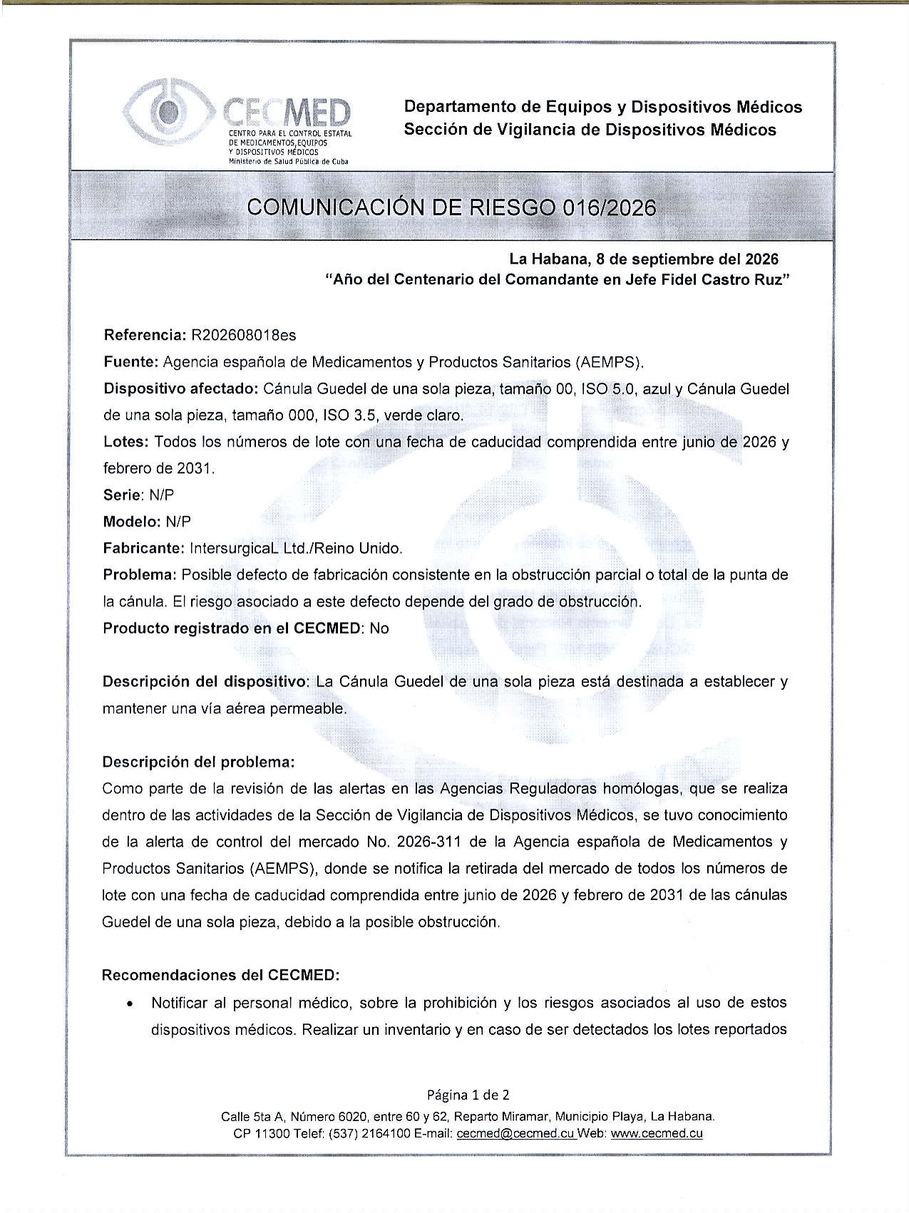 古巴官方召回源每日巡检：10/09/2026 Comunicación de Riesgo 016/2026. Cánula Guedel de una sola pieza